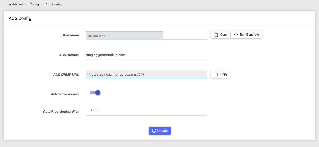 The ACS (TR-069) settings page