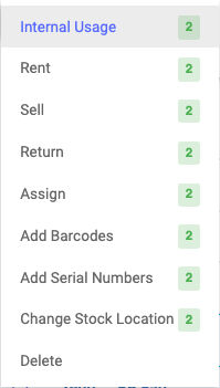 The Action menu showing Internal Usage, Rent, Sell, Return, Assign, Add Barcodes, Add Serial Numbers, Change Stock Location and Delete, each with an eligibility count