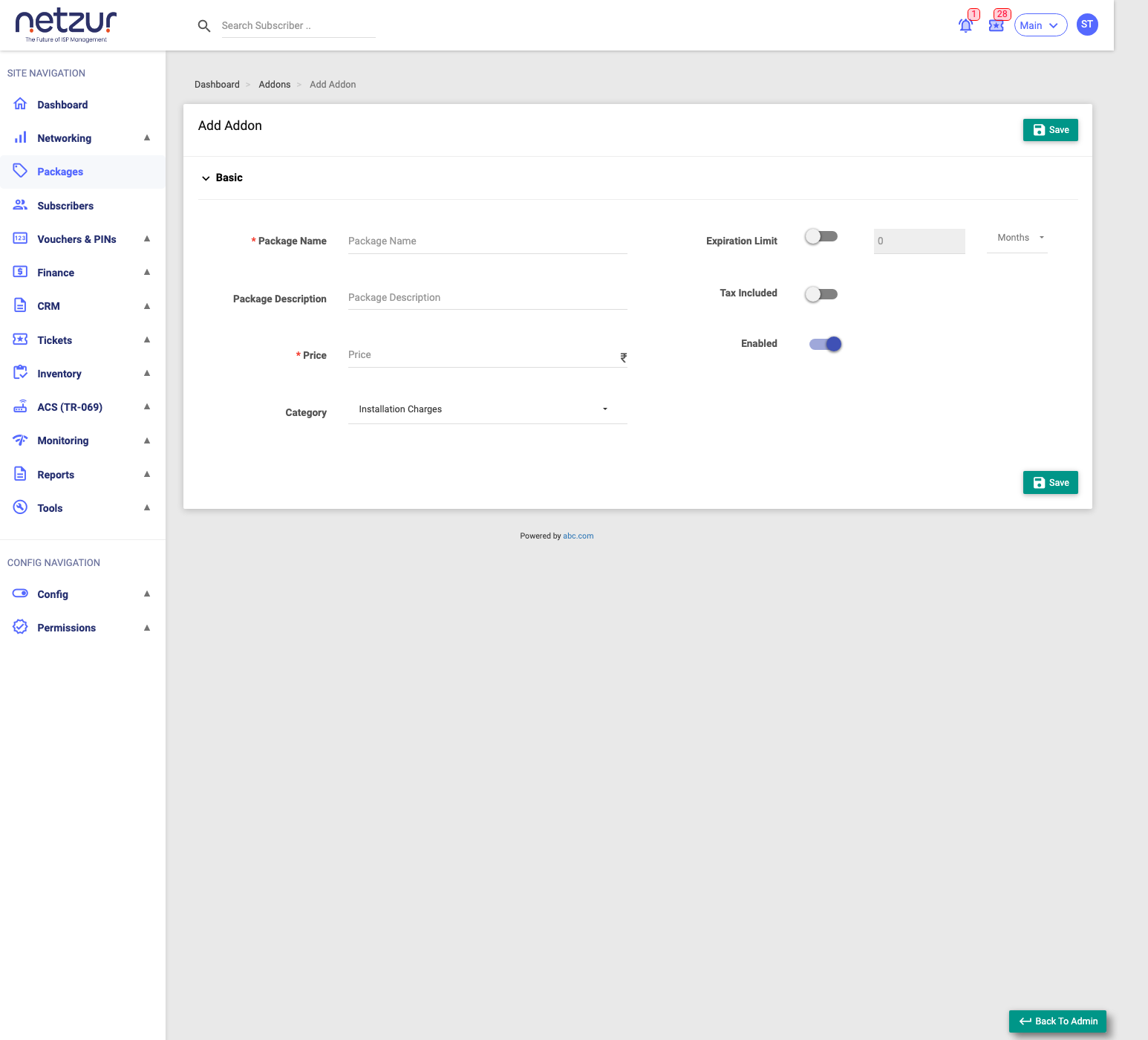 The Add Addon form with Category, Price and Expiration Limit
