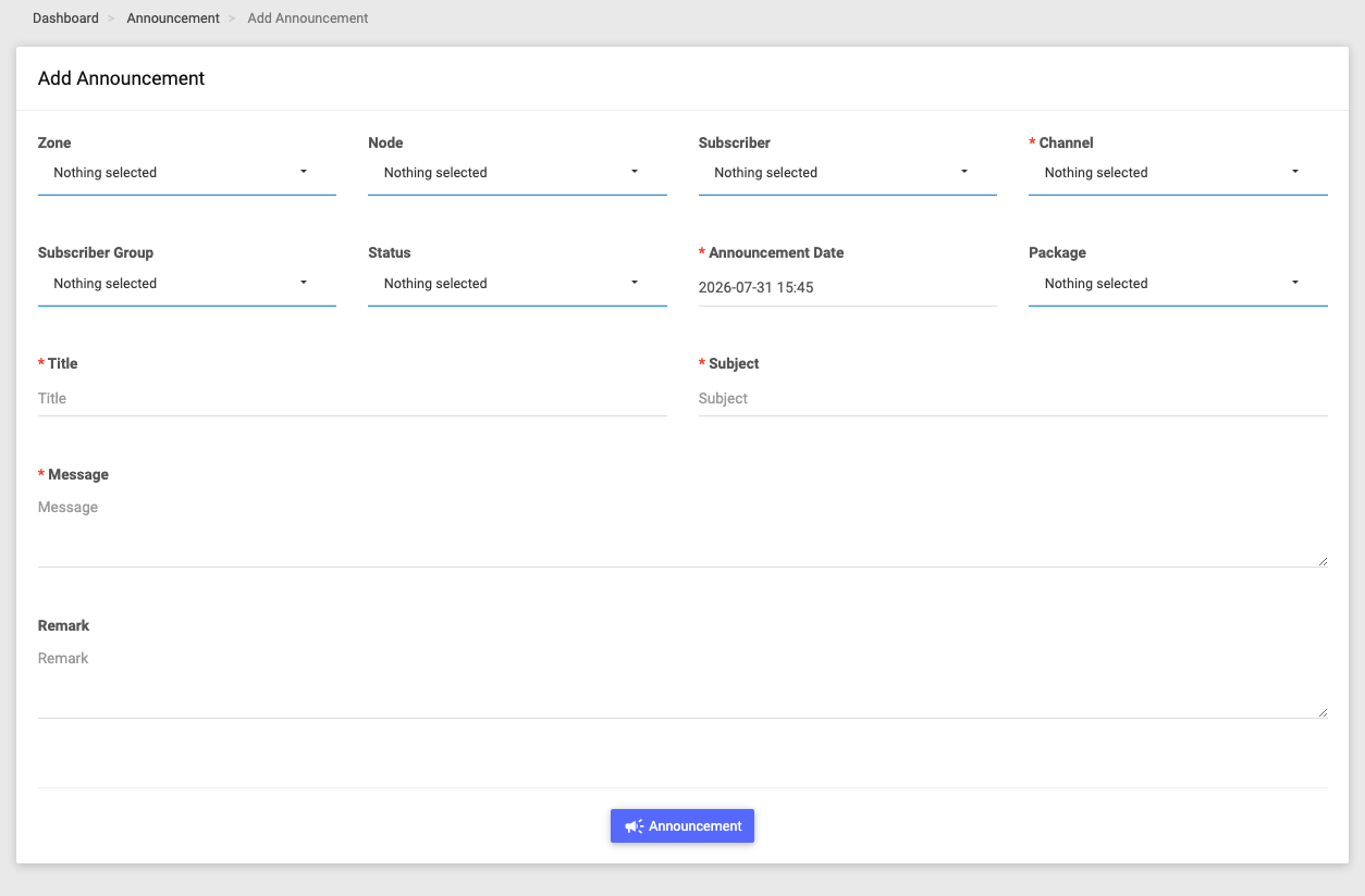 The Add Announcement form with audience filters, channel, schedule and message fields