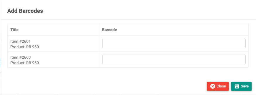 The Add Barcodes modal listing each item with a barcode field