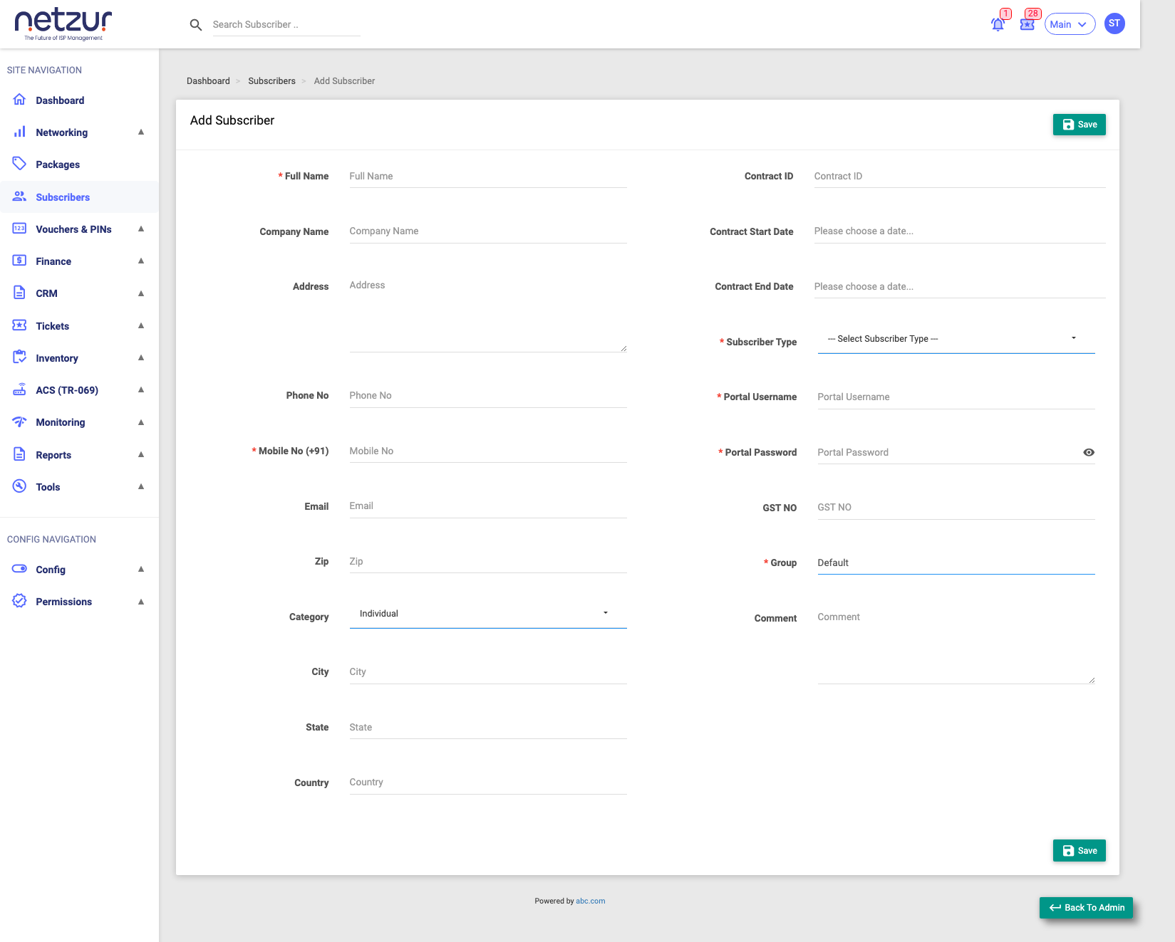 The Add Subscriber form with personal details on the left and connection/credential details on the right