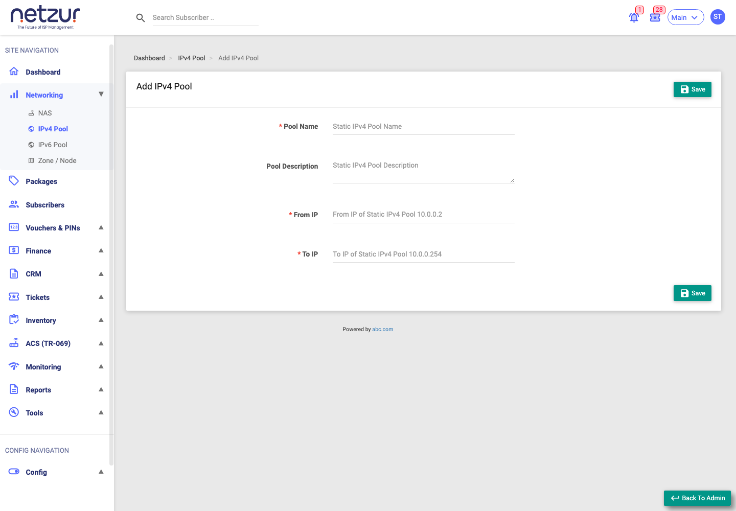 The Add IPv4 Pool form with Pool Name, Description, From IP and To IP