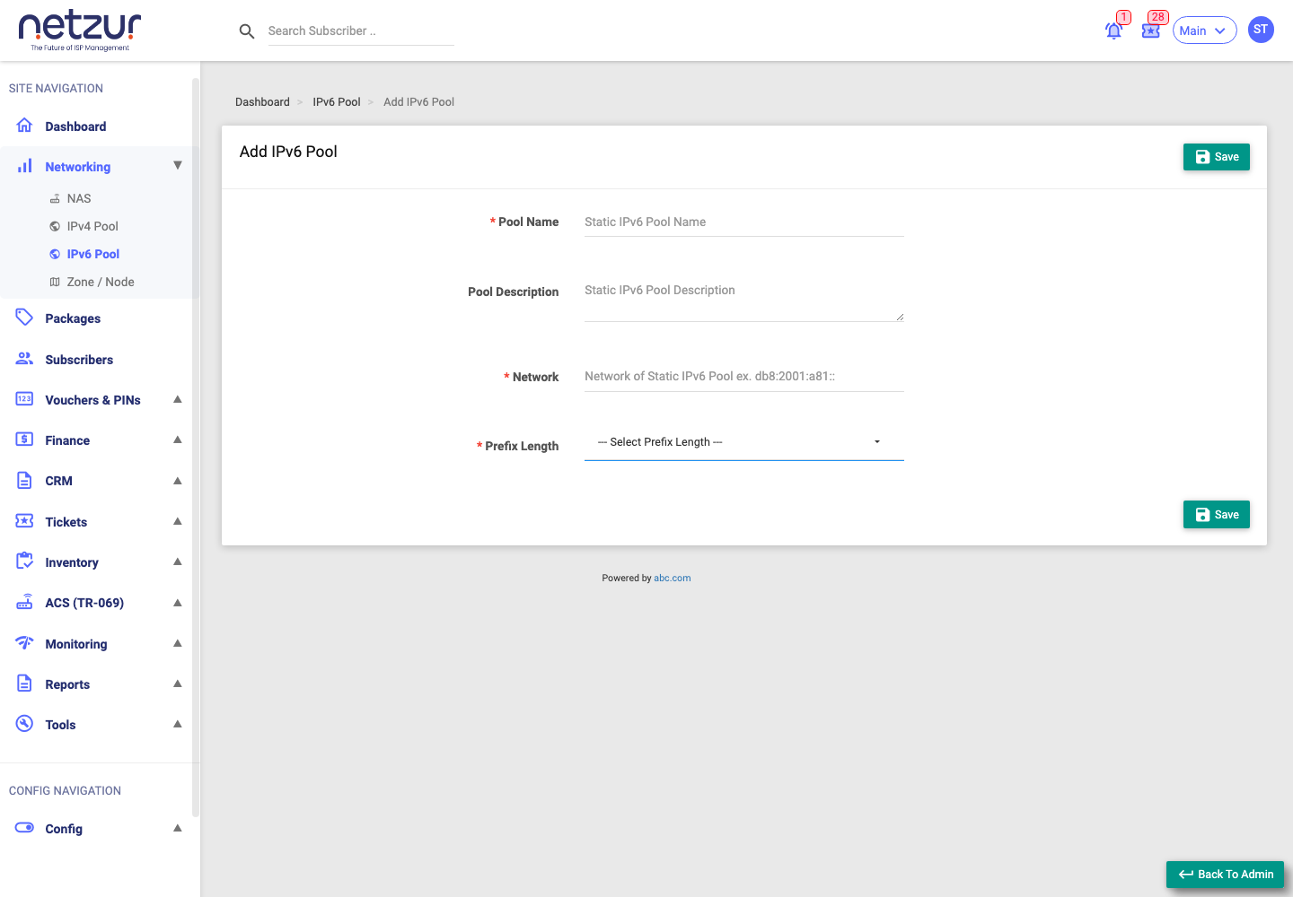 The Add IPv6 Pool form with Pool Name, Description, Network and Prefix Length