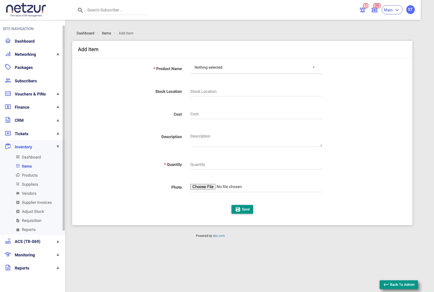 The Add Item form: product name, stock location, cost, description, quantity and photo