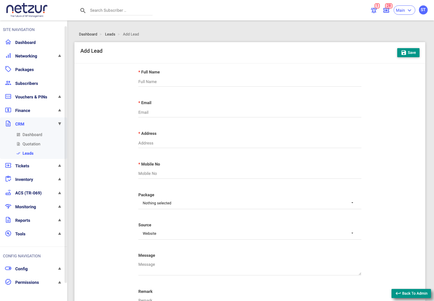 The Add Lead form: name, email, address, mobile, package, source, message