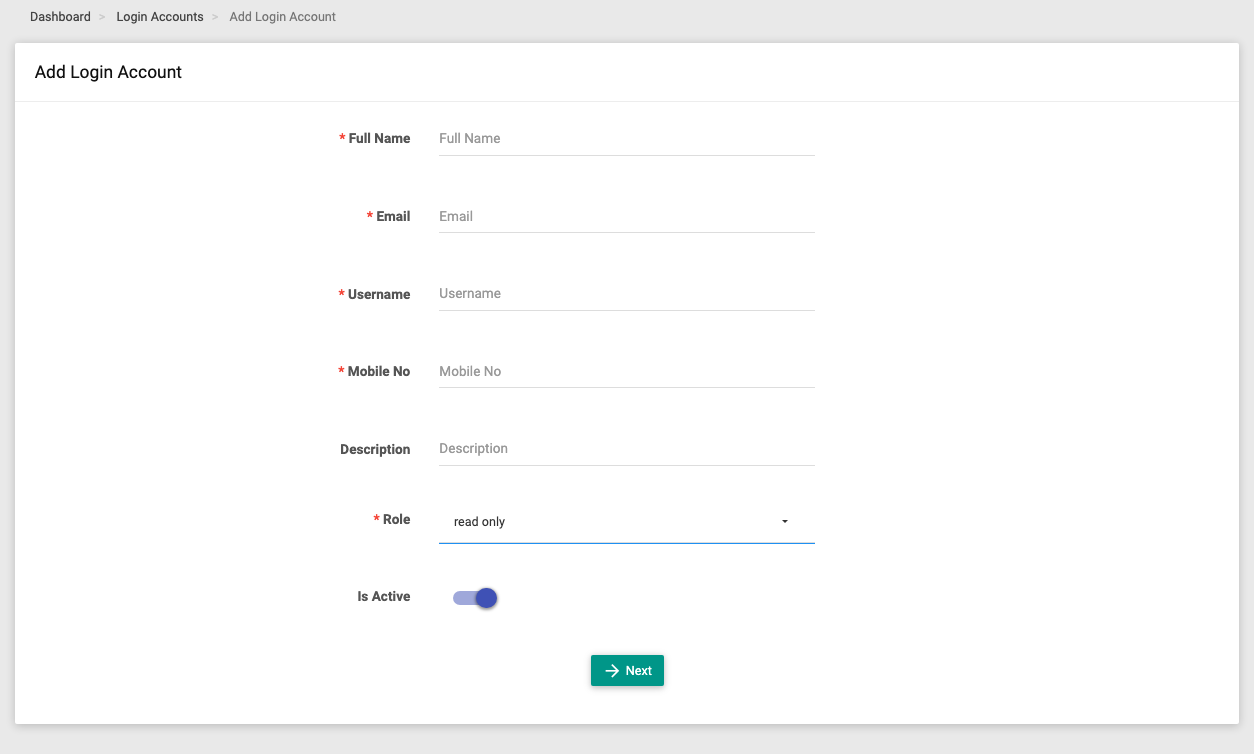 The Add Login Account form