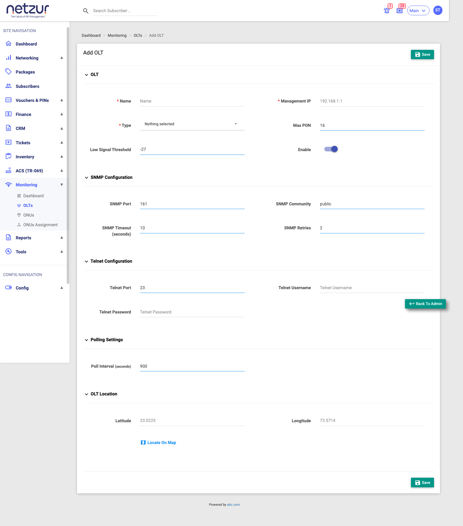 The Add OLT form with its OLT, SNMP, Telnet, polling and location panels