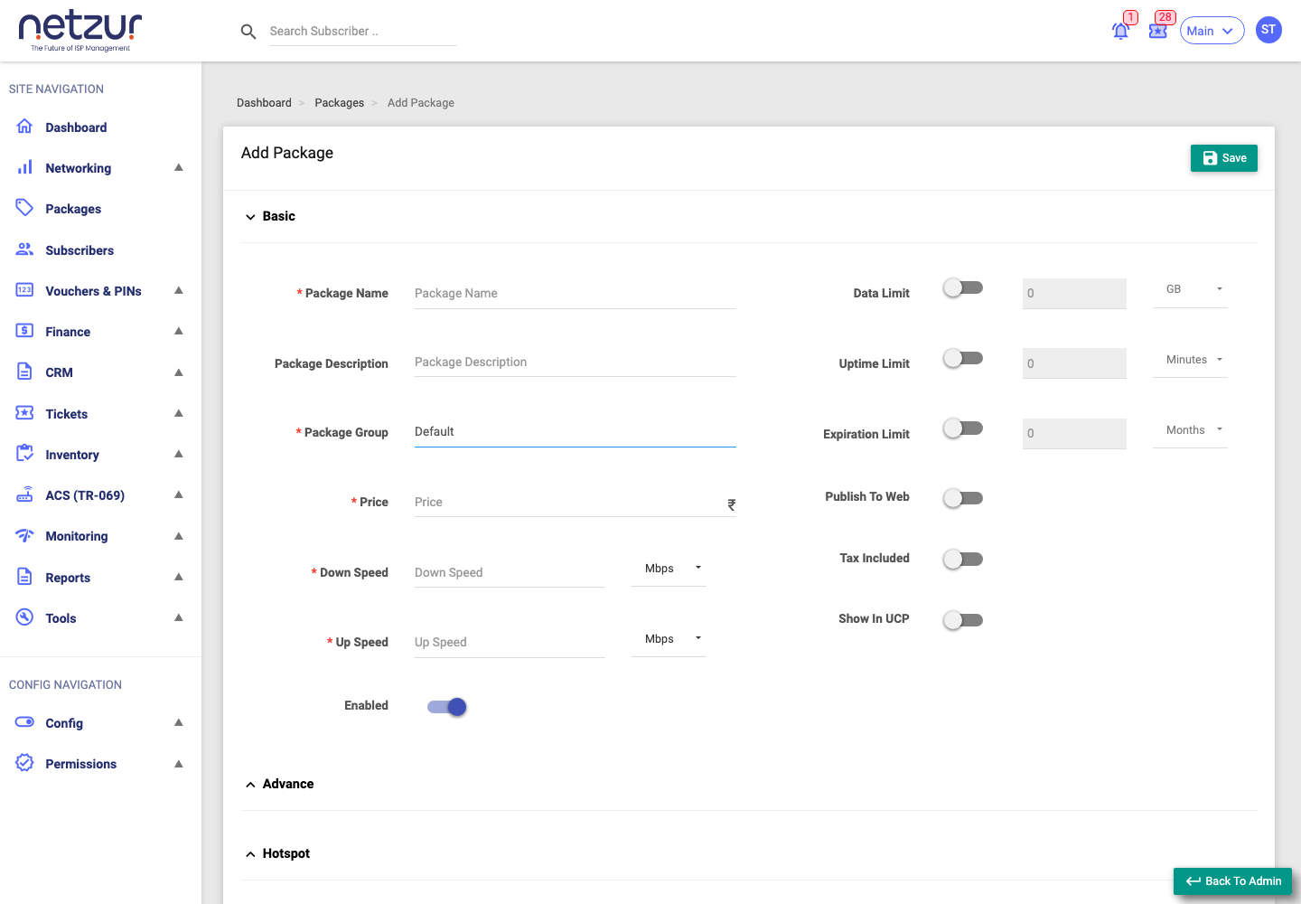 The Add Package form showing the Basic section