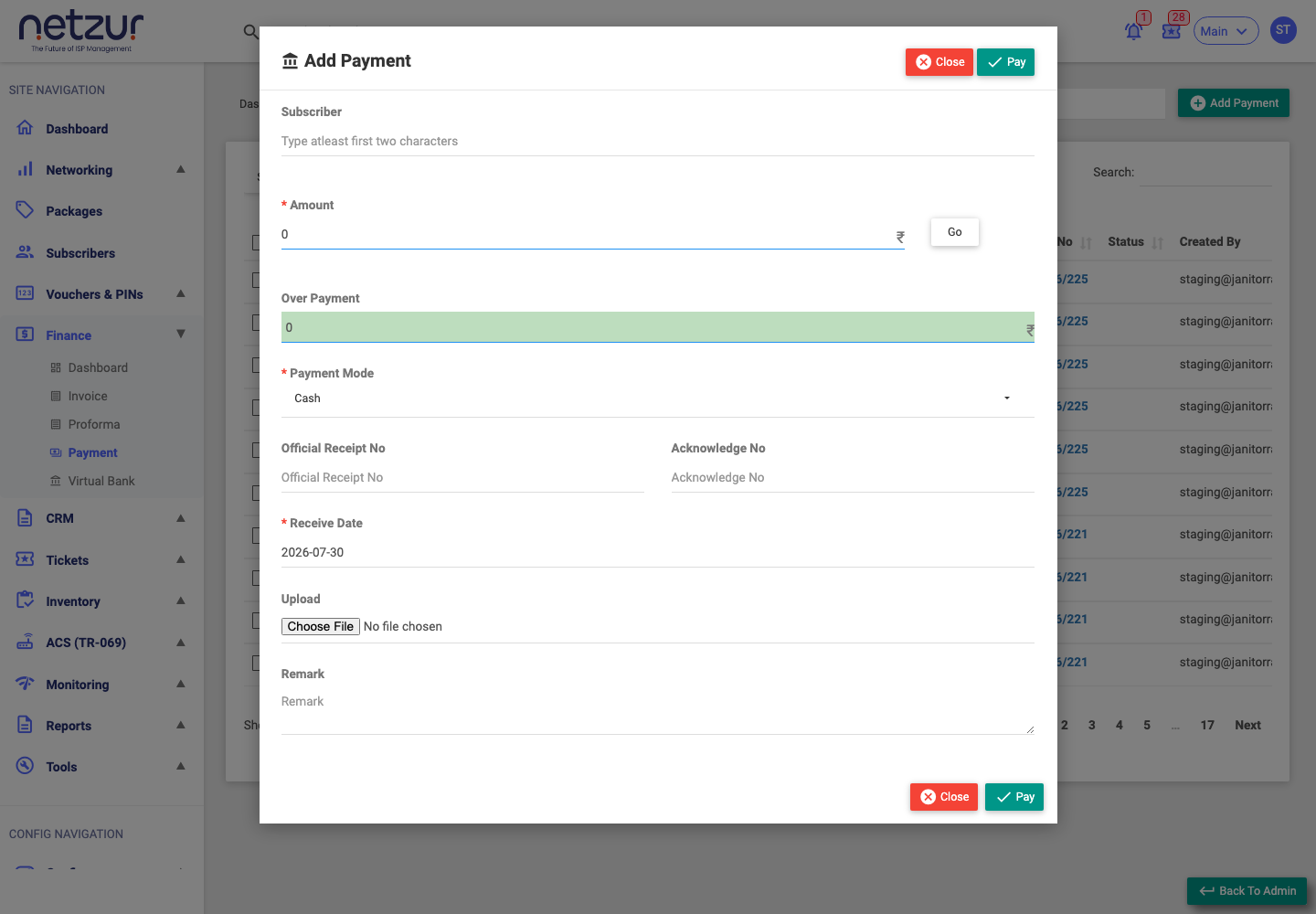 The Add Payment form: subscriber, amount, over payment, payment mode and reference fields