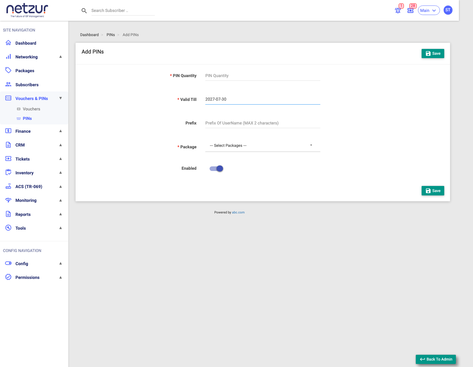 The Add PINs form: Pin Quantity, Valid Till, Prefix, Package and Enabled