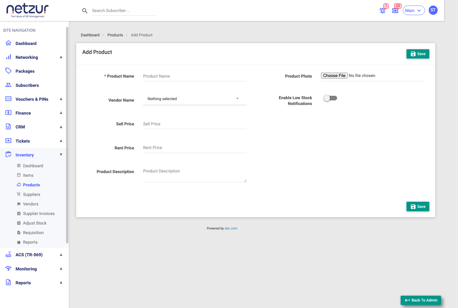 The Add Product form: name, vendor, sell and rent prices, description, photo and low-stock settings