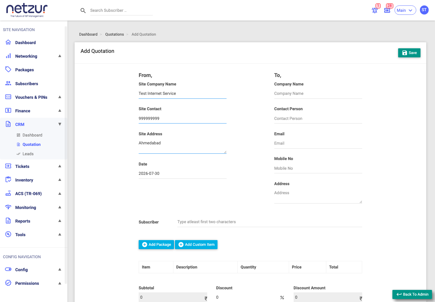 The Add Quotation form with From/To blocks, line items, totals and notes