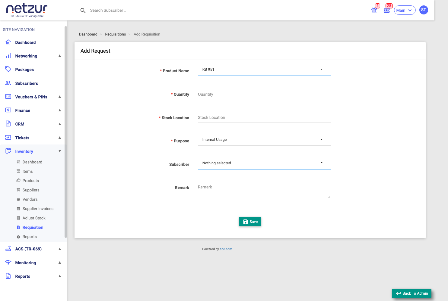 The Add Request form with product, quantity, purpose and subscriber
