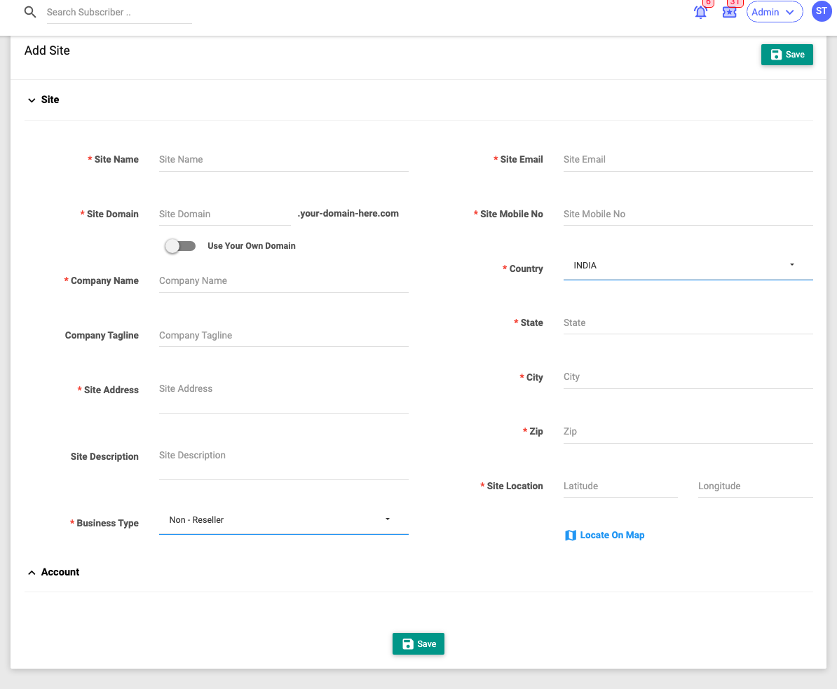 The Add Site form