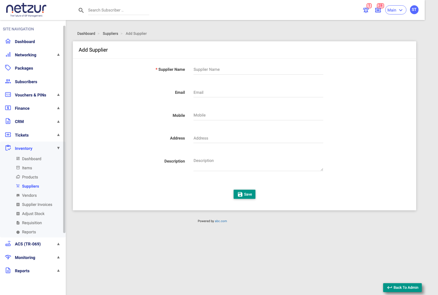 The Add Supplier form with name, email, mobile, address and description