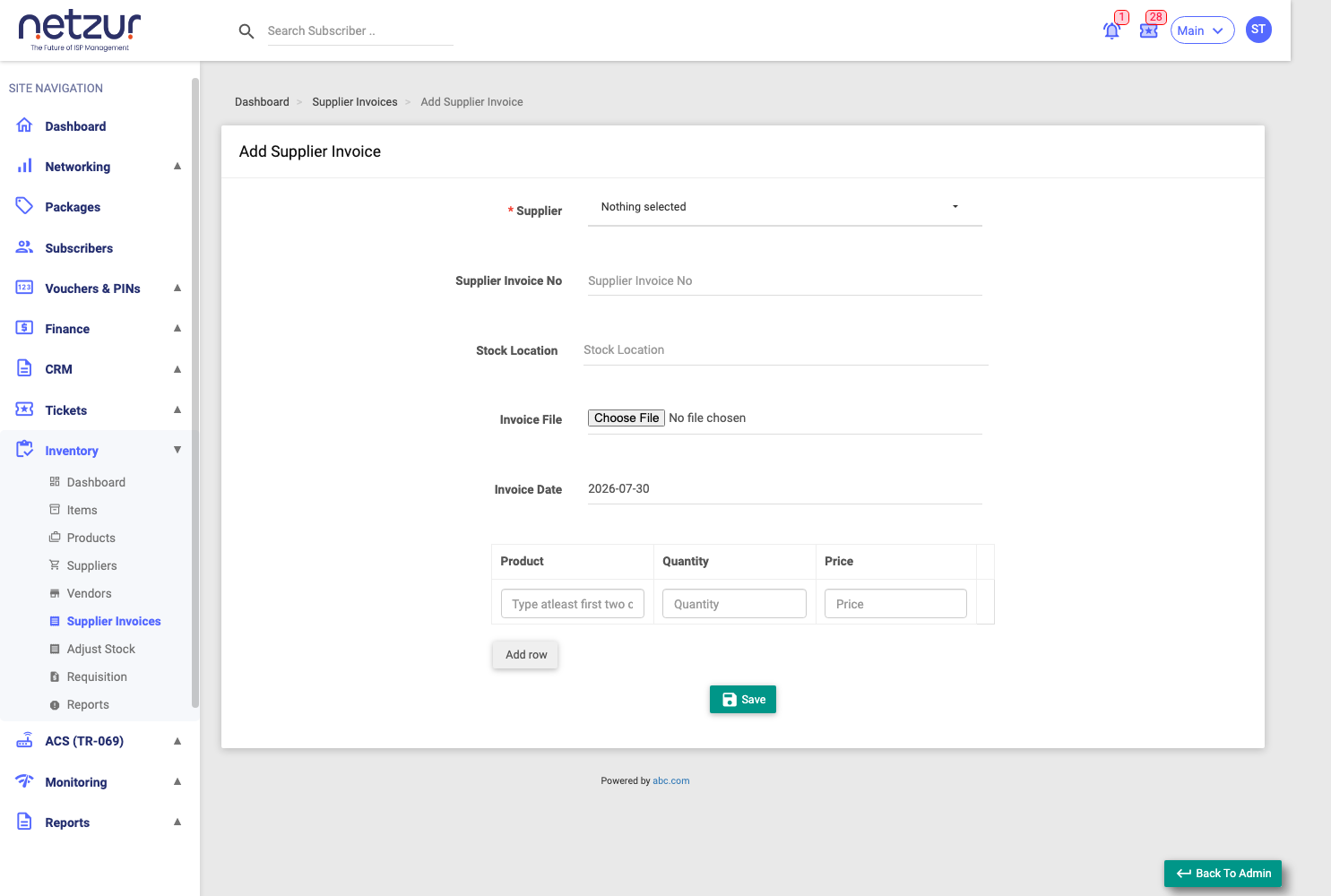 The Add Supplier Invoice form with header fields and product line items