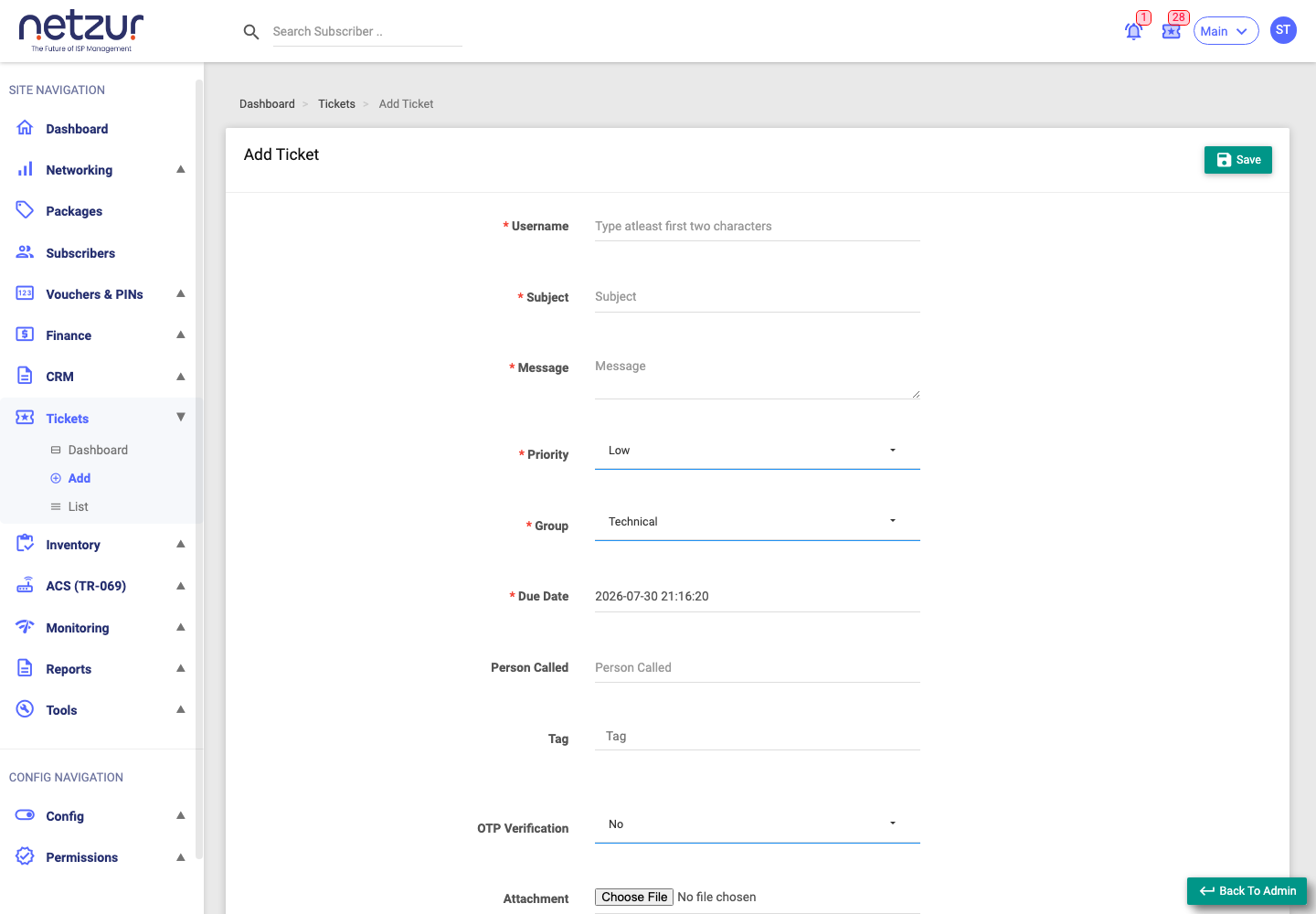 The Add Ticket form: username, subject, message, priority, group, due date and options