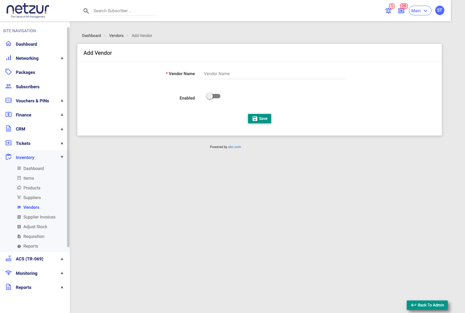 The Add Vendor form with name and an enabled toggle