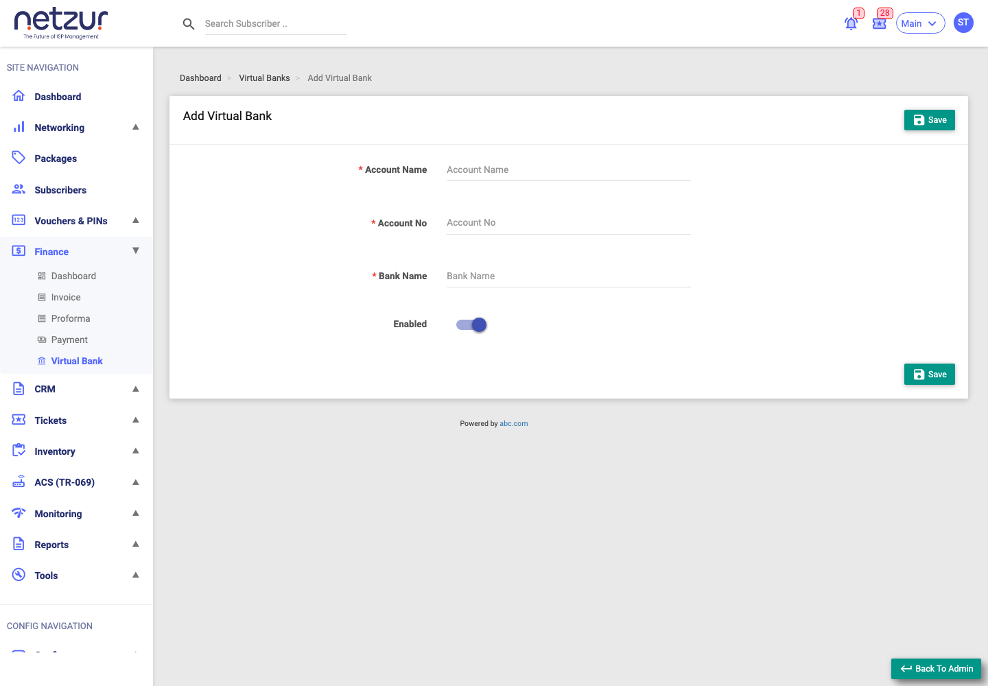 The Add Virtual Bank form: Account Name, Account No, Bank Name and Enabled toggle