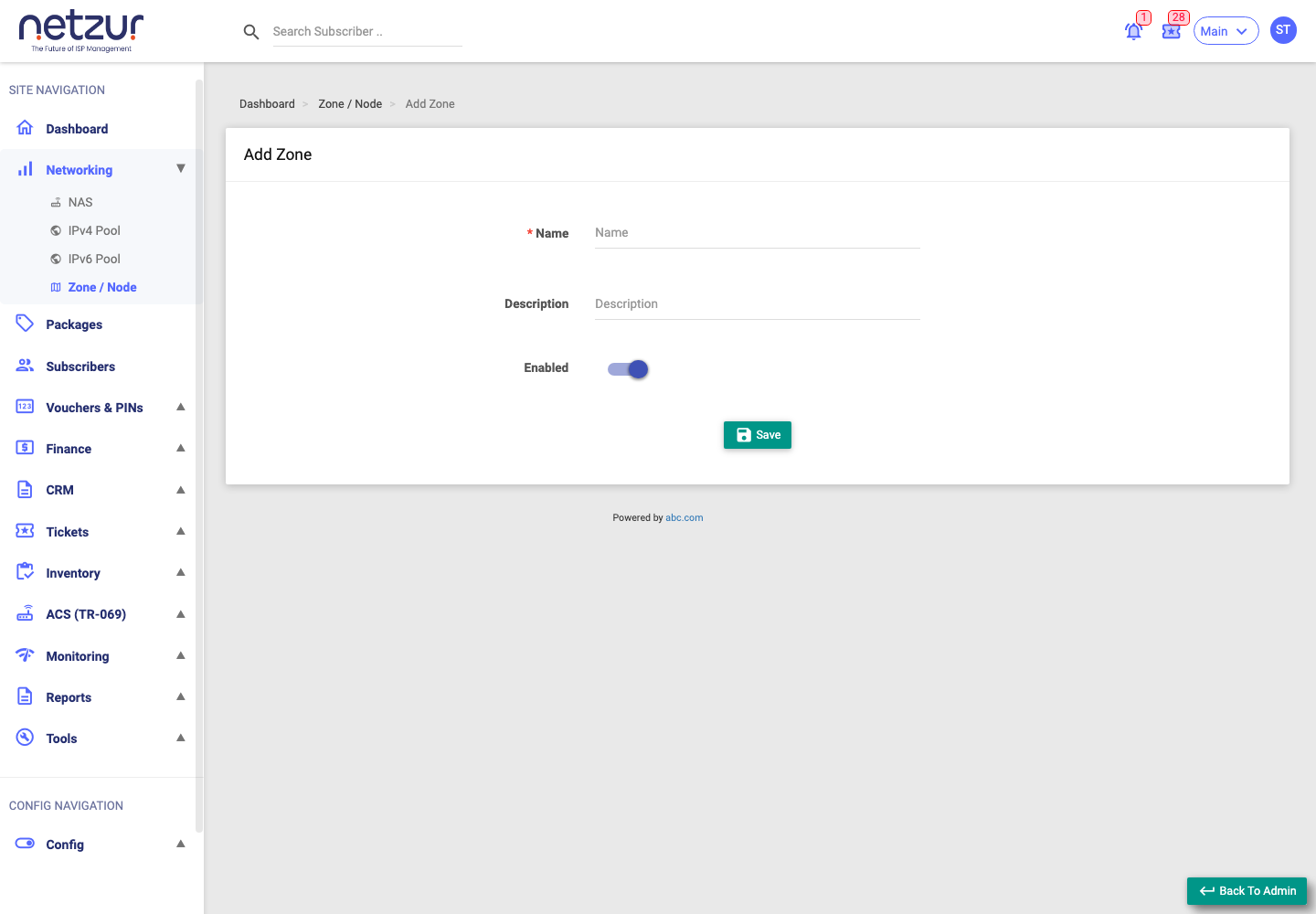 The Add Zone form with Name, Description and Enabled
