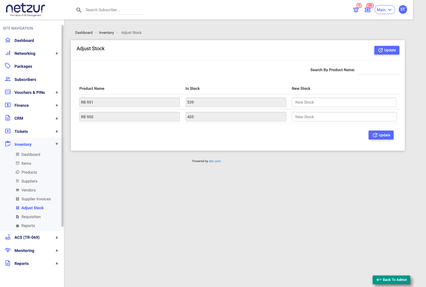 The Adjust Stock screen listing each product's current and new stock
