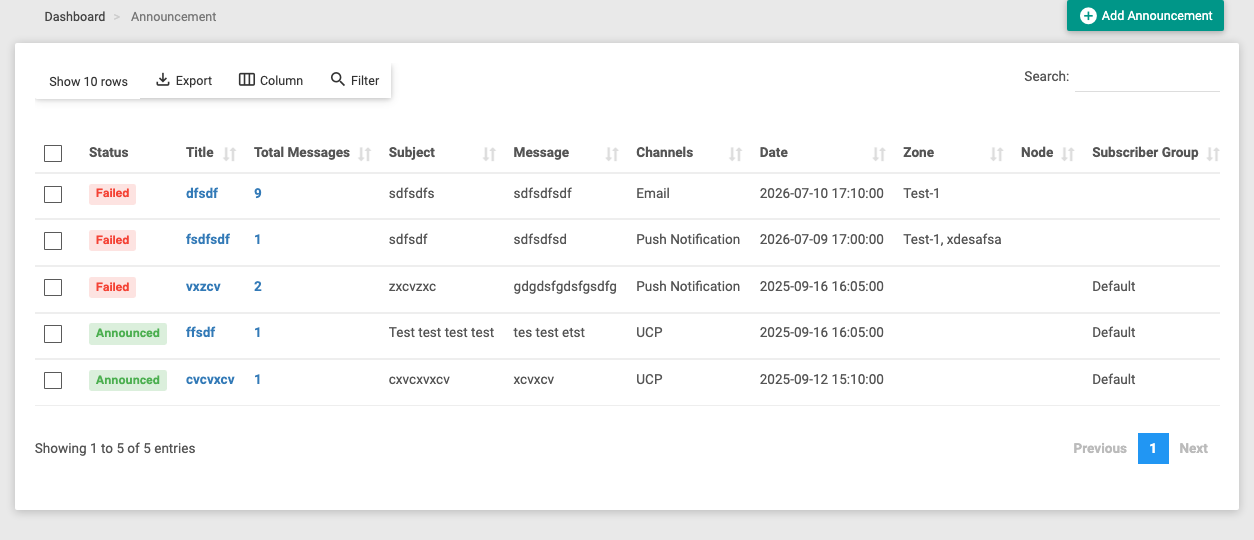 The Announcement list showing past announcements with status, channels and recipient counts