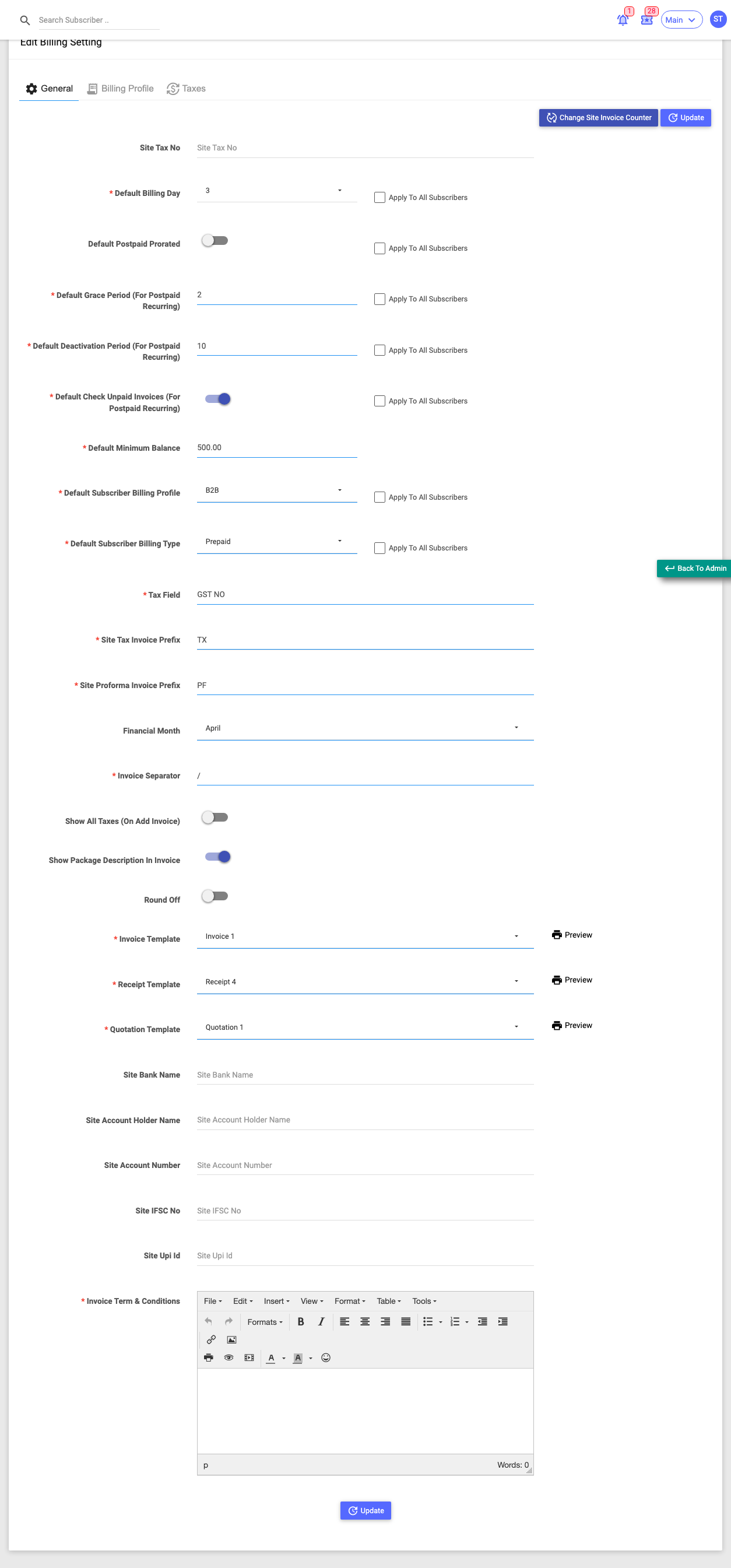 The Billing Setting General tab