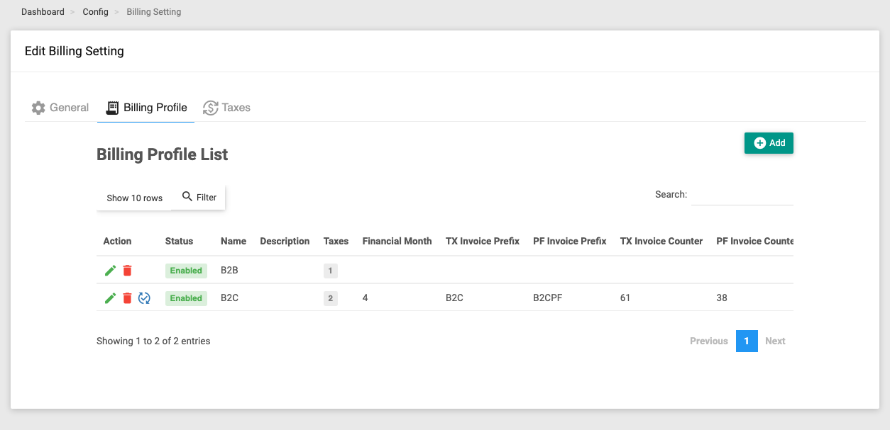 The Billing Profile tab listing billing profiles