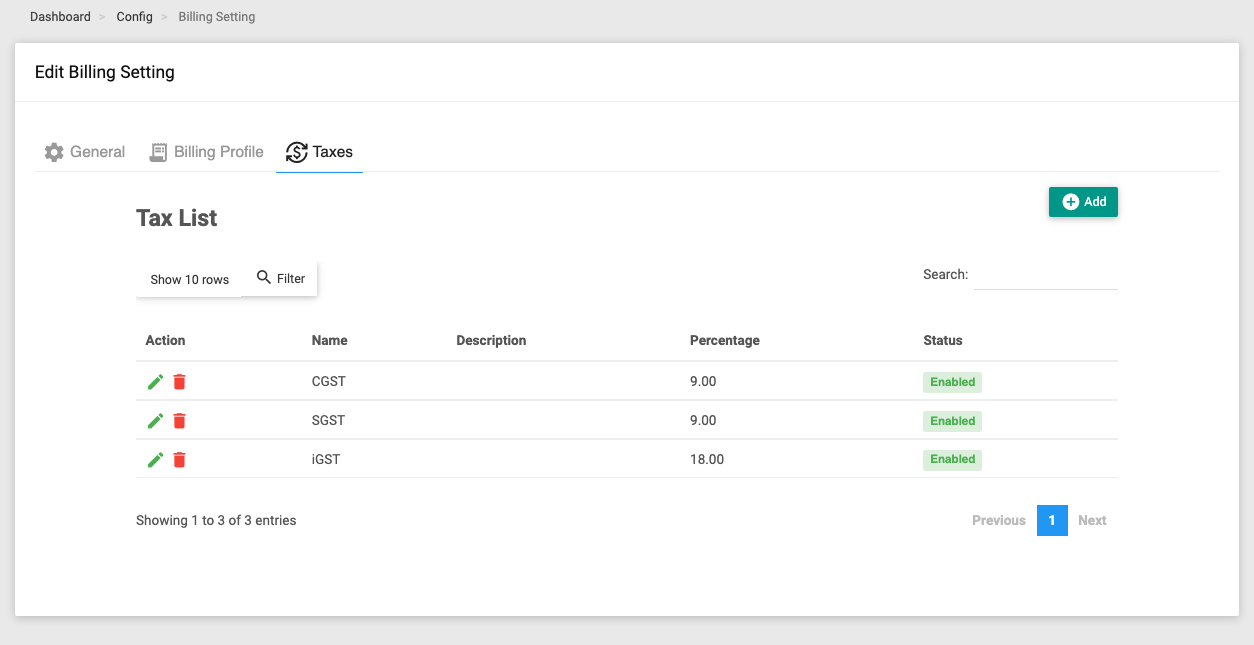 The Taxes tab listing the site's taxes