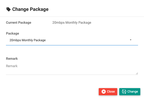 The Change Package dialog showing current package, the new package selector and a remark