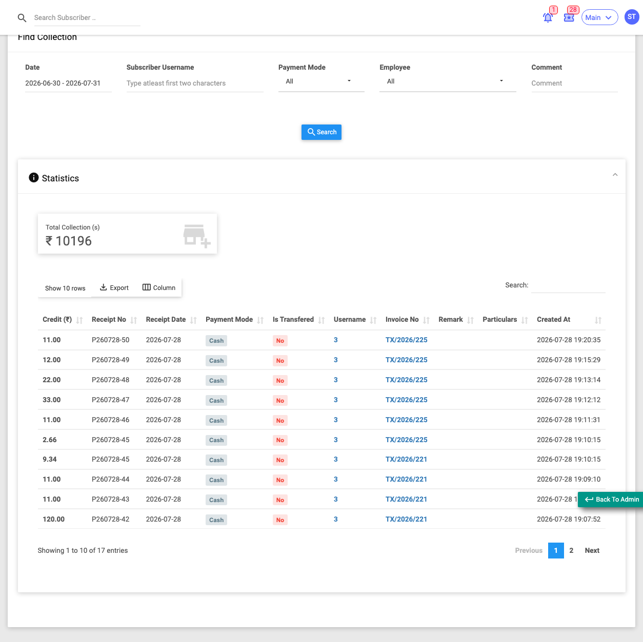 The Collection report listing payments received