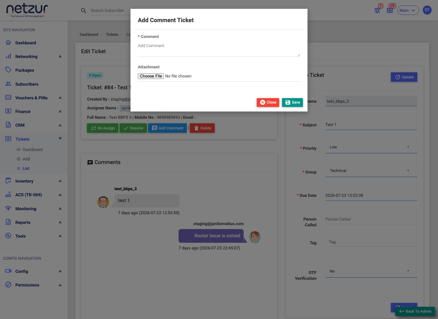 The Add Comment modal with a comment field and attachment