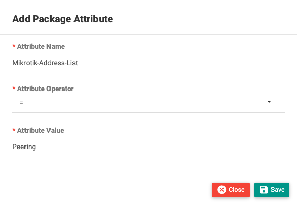 The Add Package Attribute dialog with Name, Operator and Value fields