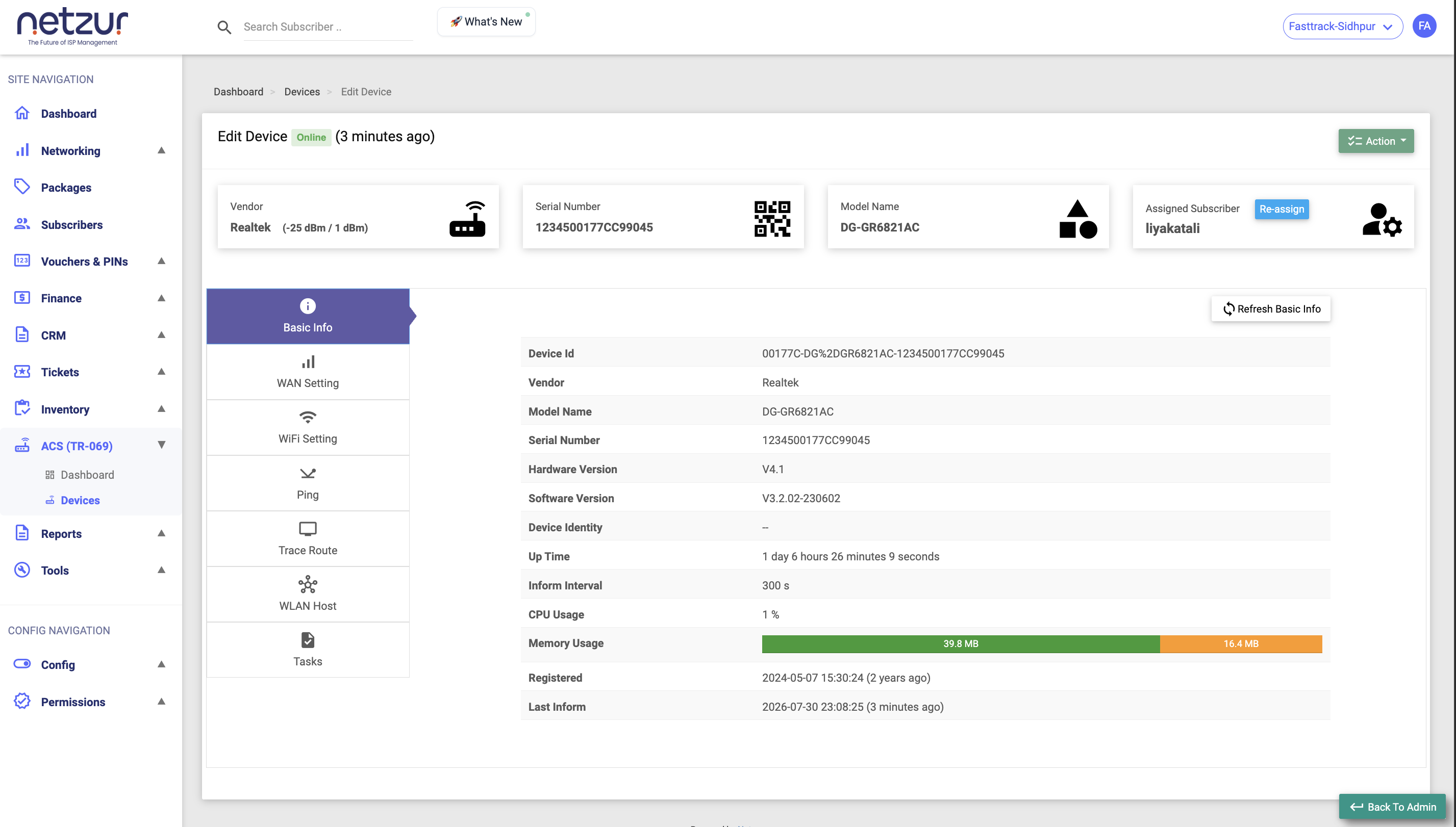 The device detail page: status header, the Action menu, the info strip, and the Basic Info tab