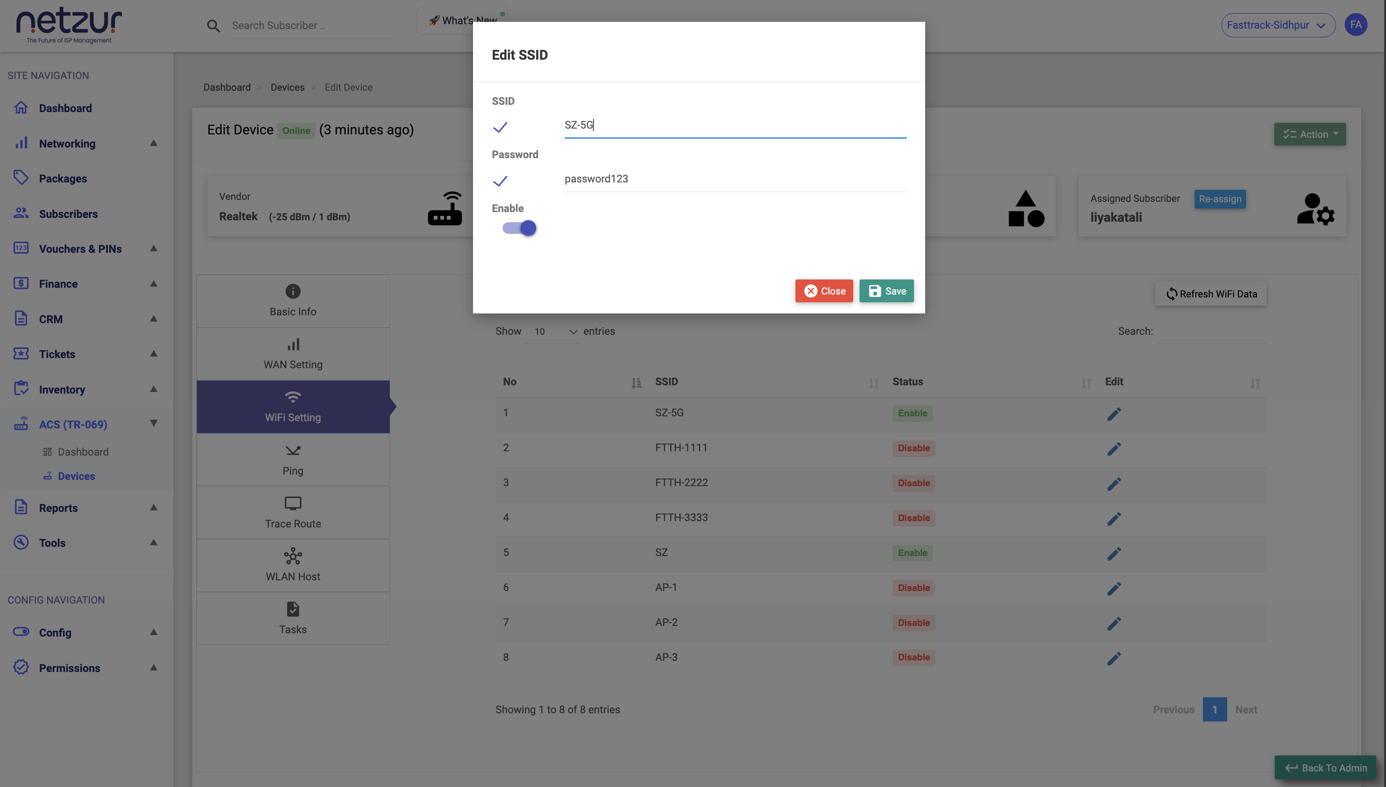 The Edit SSID form with SSID name, password and an enable toggle