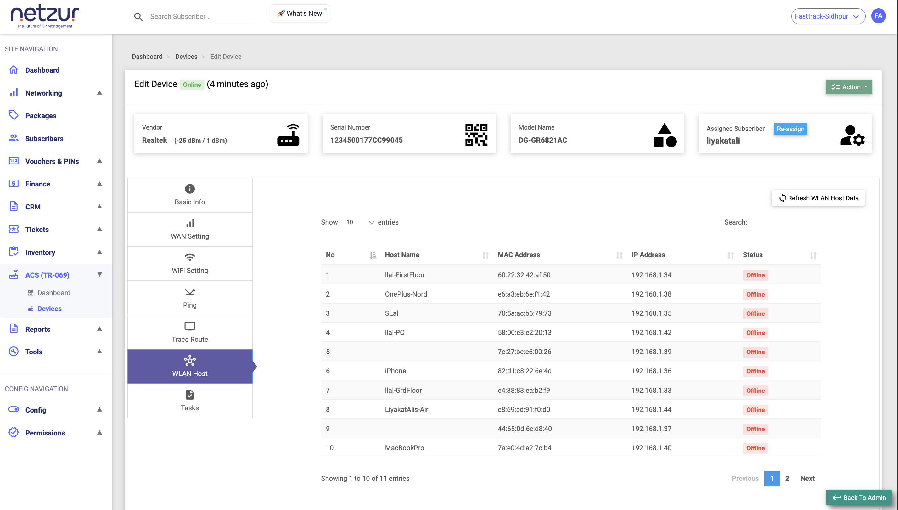 The WLAN Host tab listing connected clients