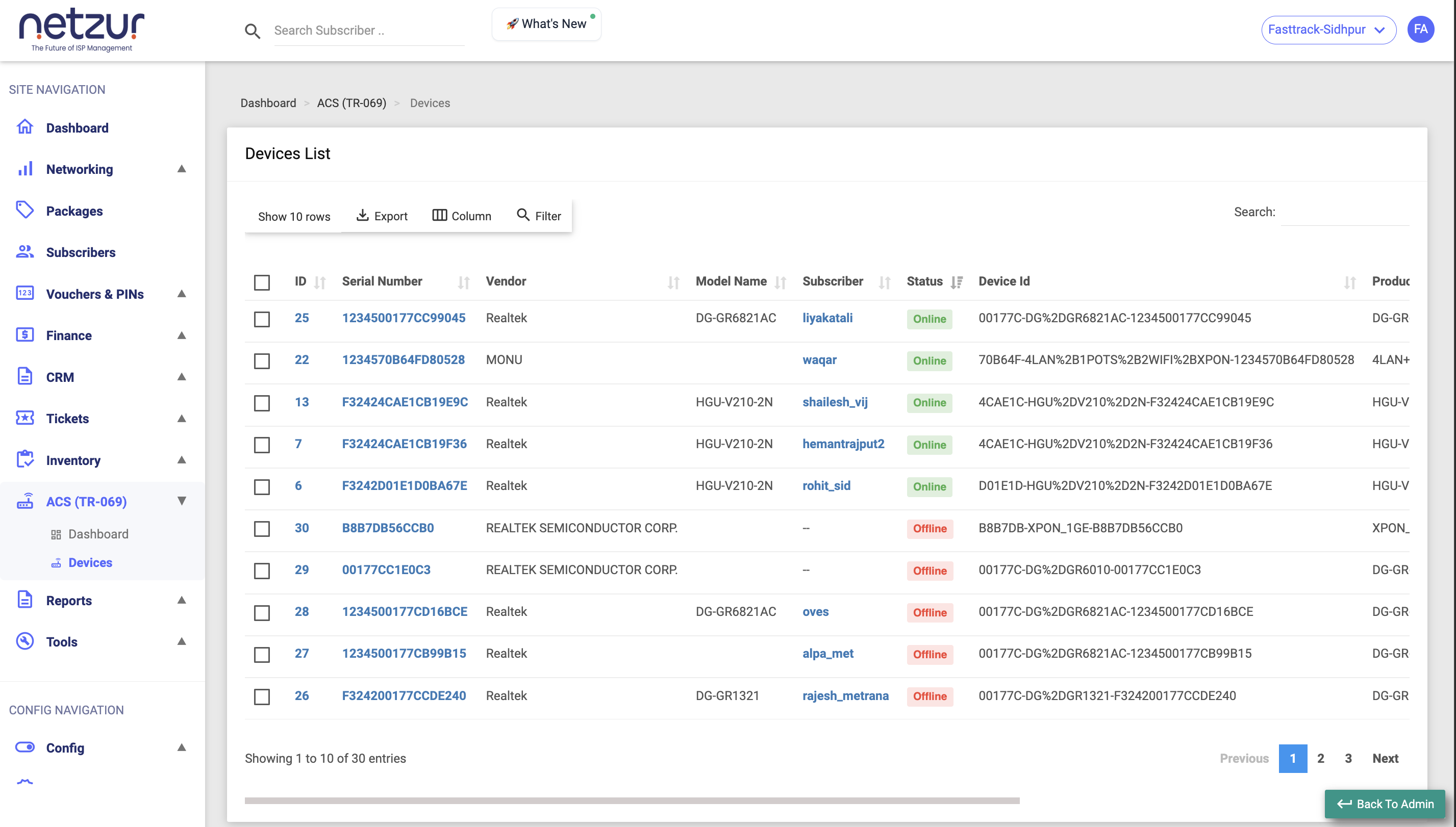 The Devices List with ID, serial number, vendor, model, subscriber and online/offline status