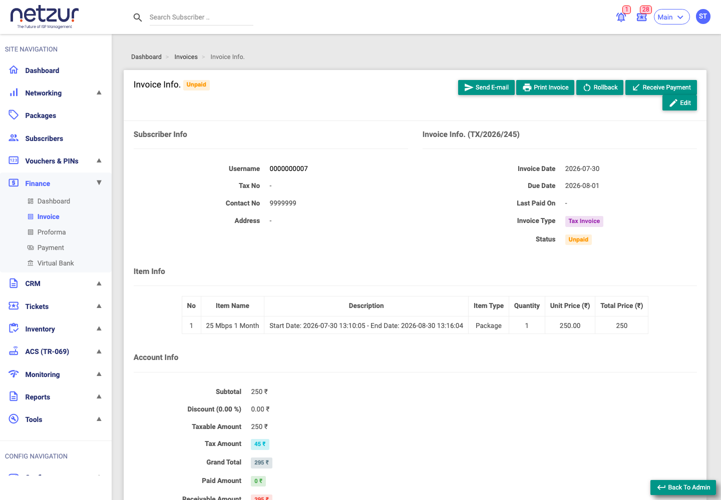 The Invoice Info page: subscriber info, invoice info, item lines, totals and the action buttons