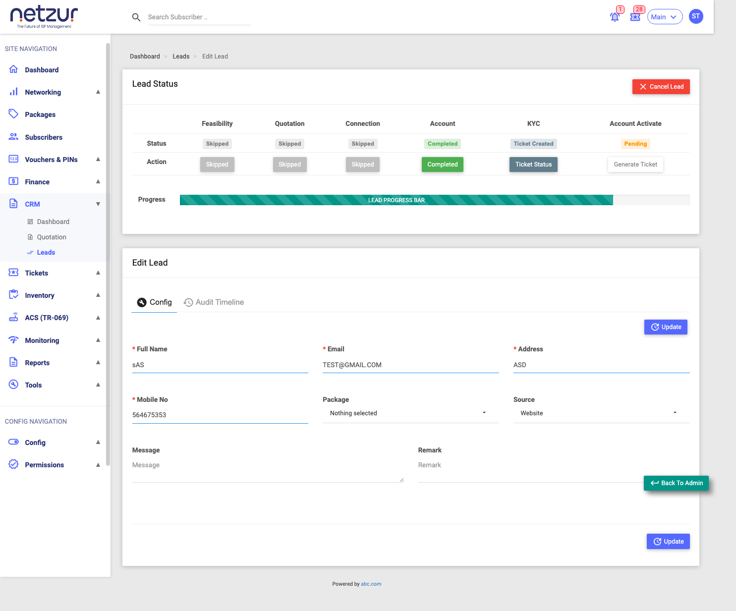 A lead's onboarding pipeline showing the six stages, their statuses, action buttons and progress bar