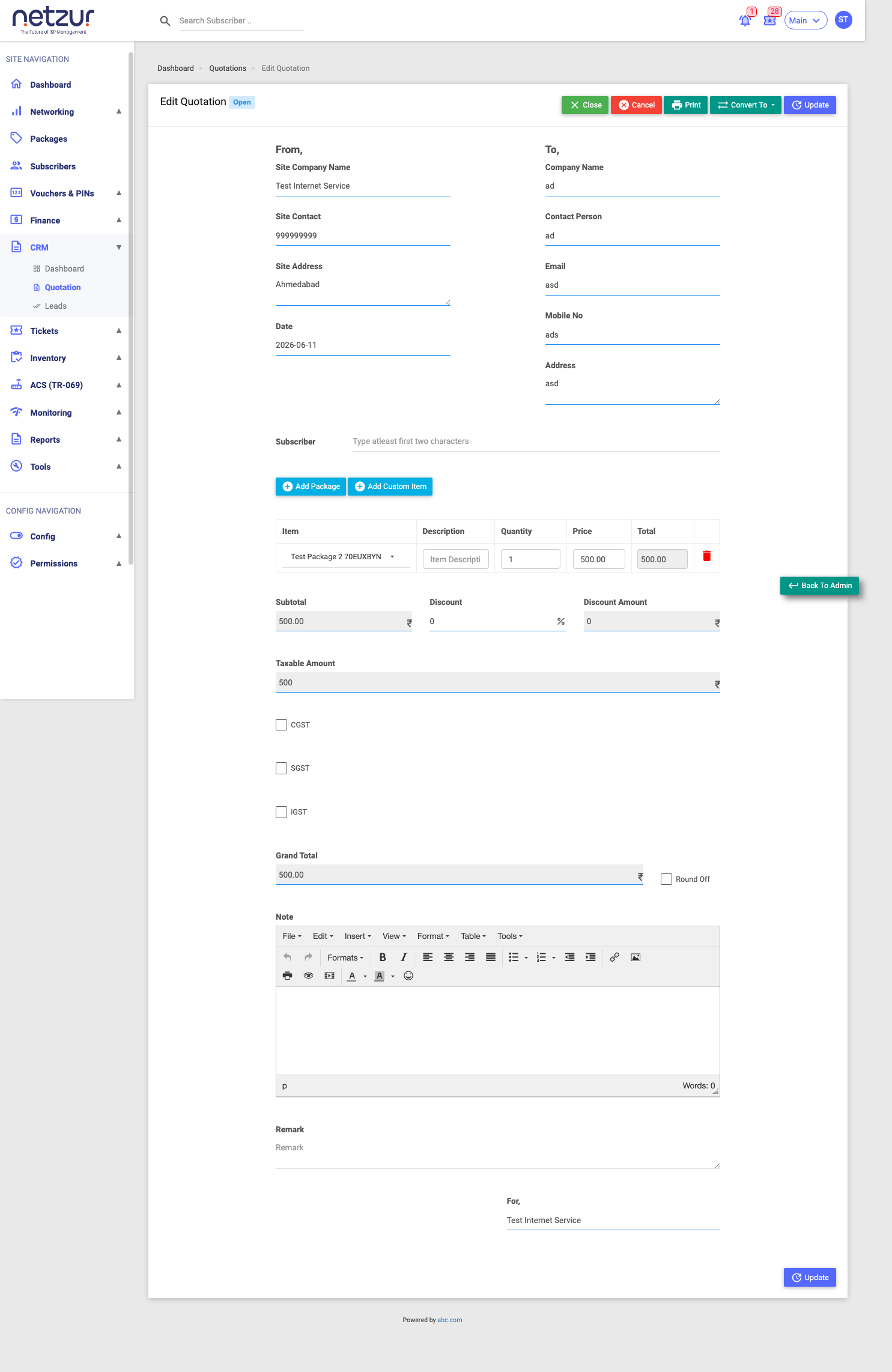 A quotation's view/edit page with its action buttons