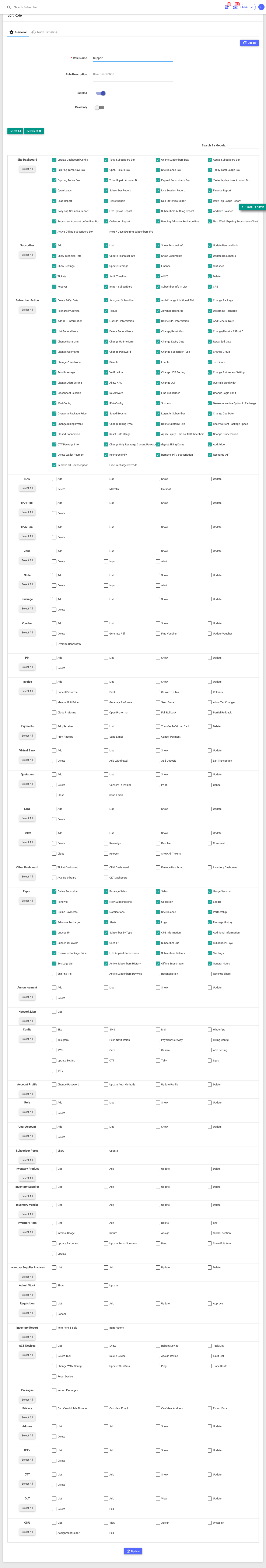The Edit Role permission grid — modules down the side, permission checkboxes across