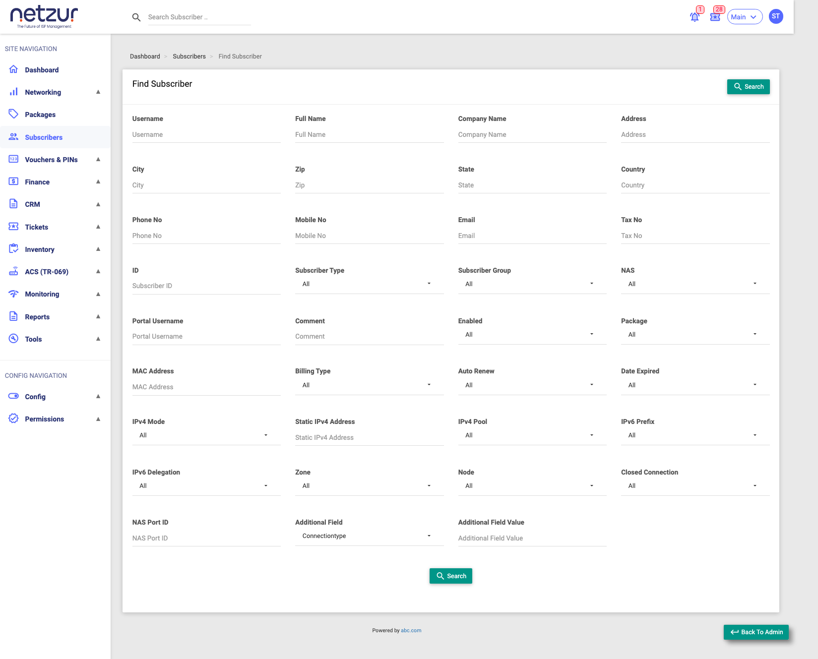 The Find Subscriber page with many search filters and a Search button