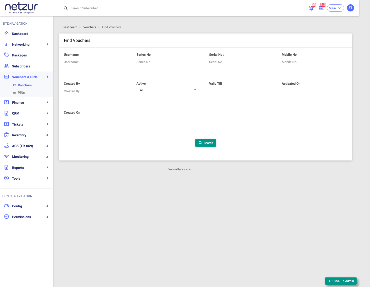 The Find Vouchers page with its search filters