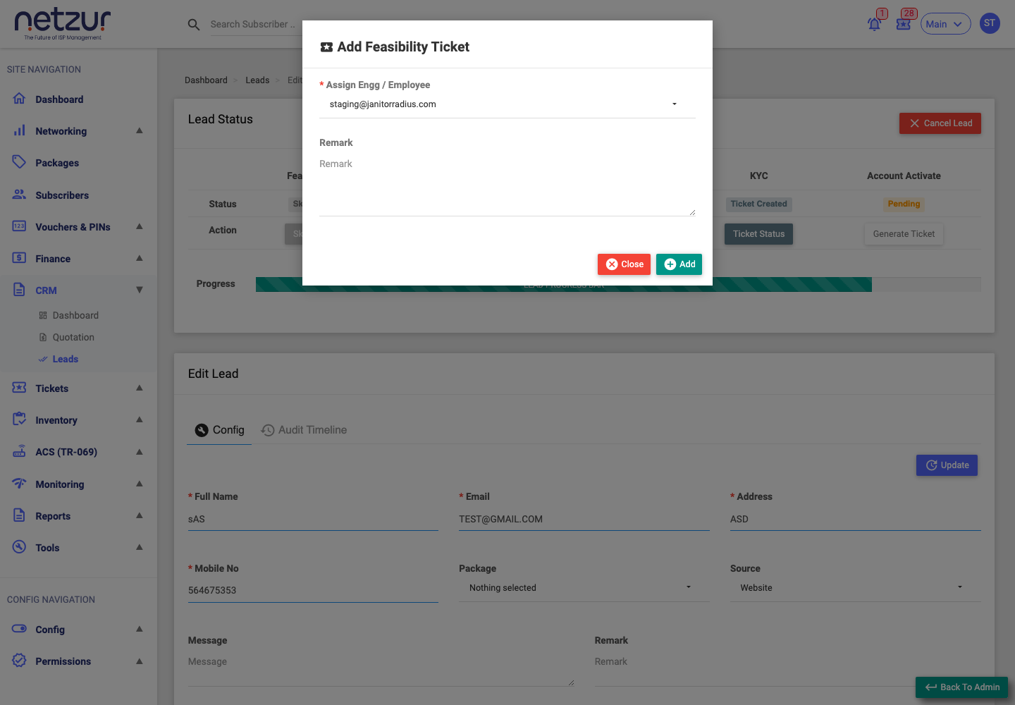 The Add Ticket form for a pipeline stage, with the Assign Engg / Employee dropdown and a Remark field