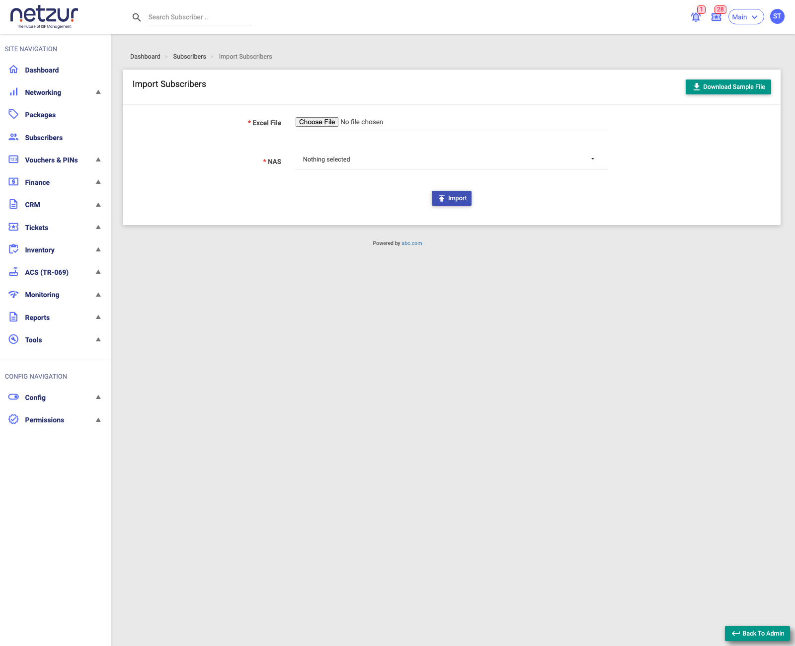 The Import Subscribers page with a file upload and a Download Sample File button
