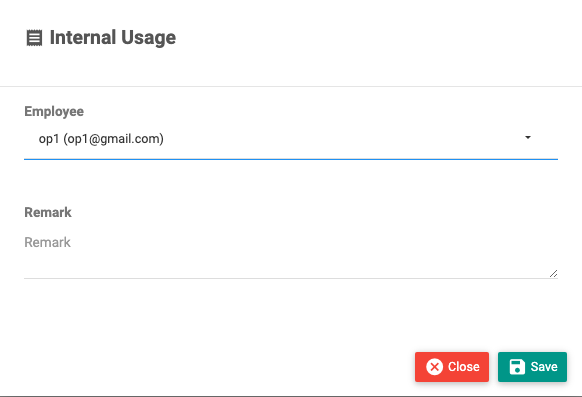 The Internal Usage modal with an employee dropdown and remark