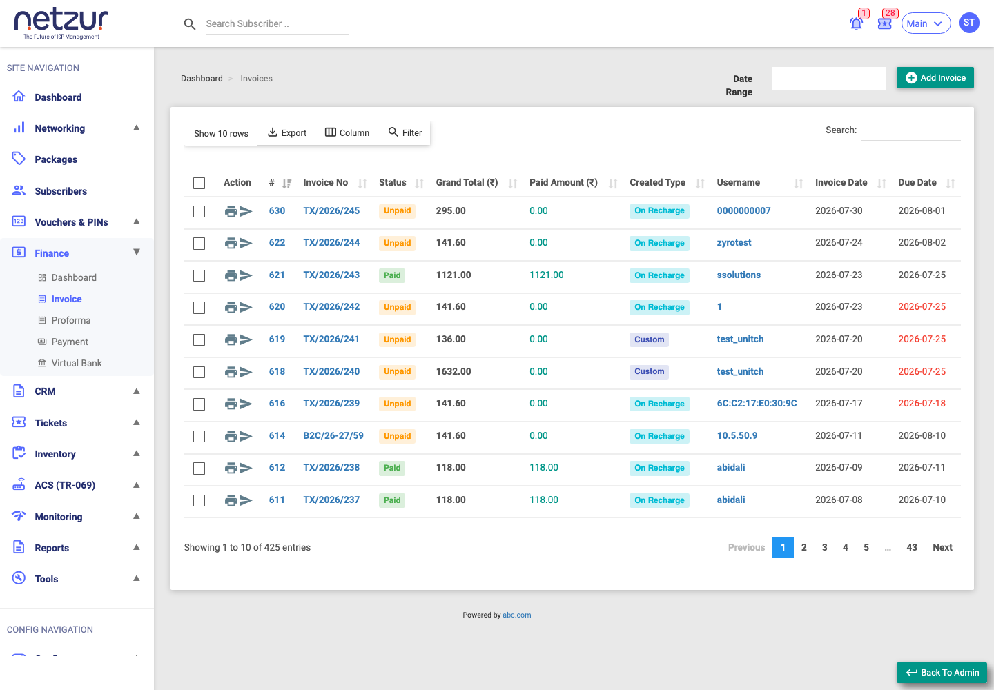 The Invoices list showing invoice numbers, status, amounts, created type and dates