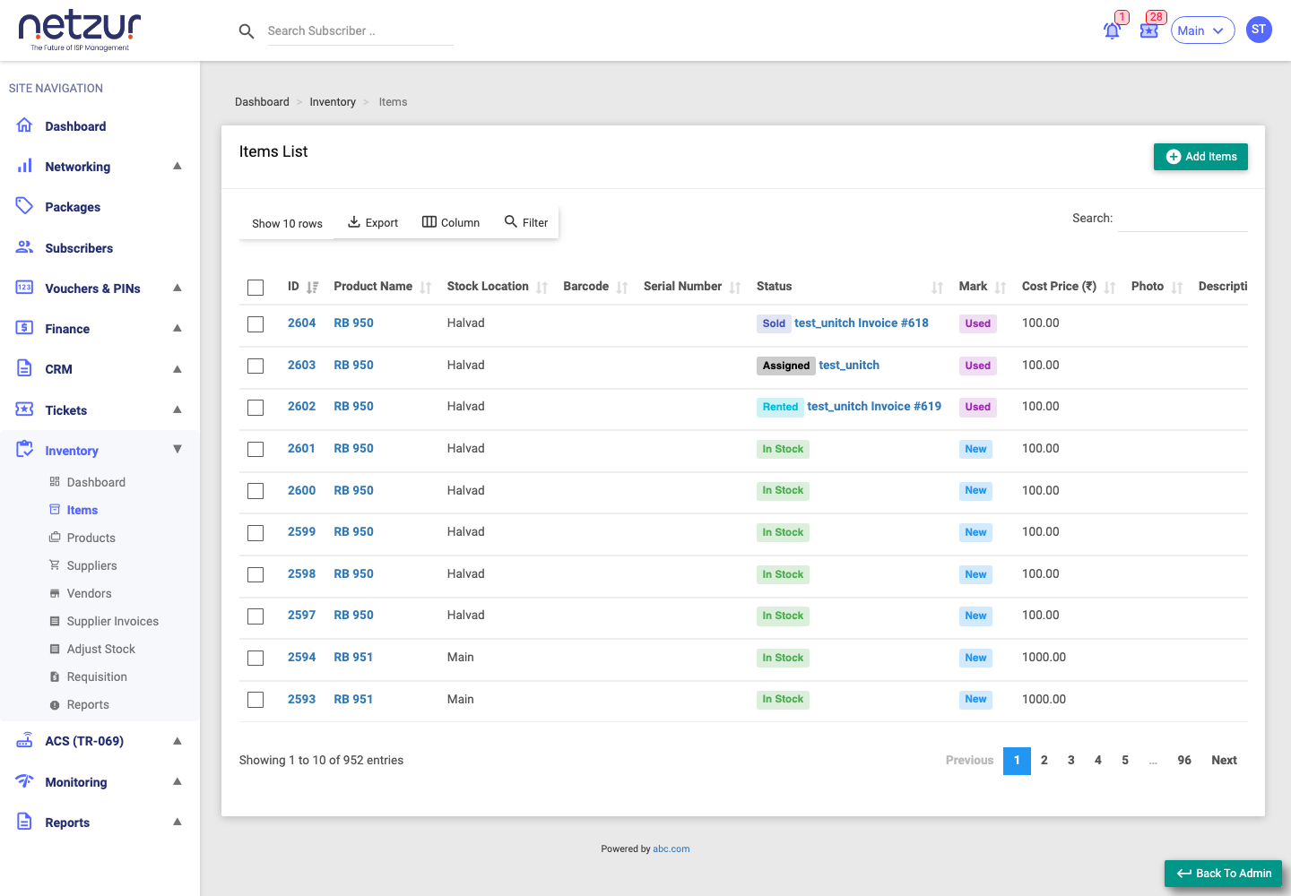 The Items list showing ID, product, stock location, status and condition columns