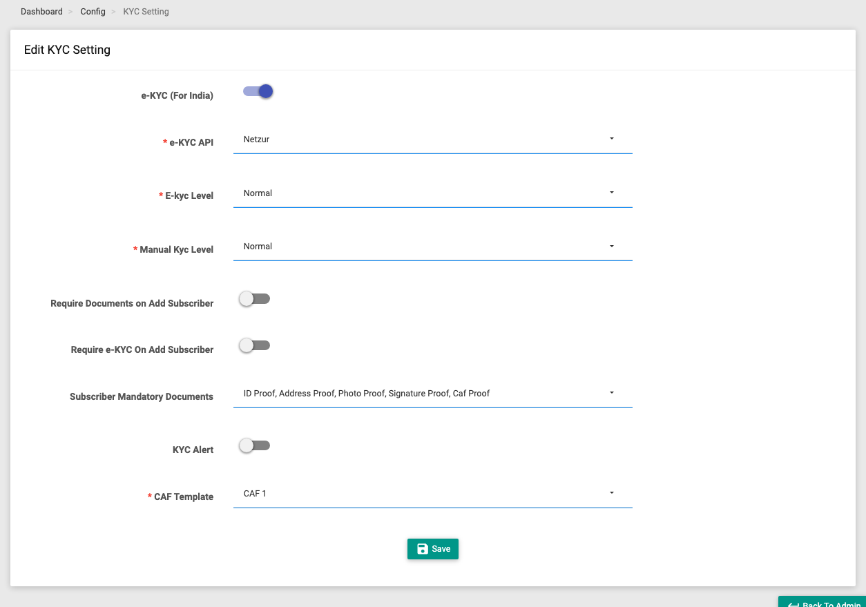 The KYC Setting page